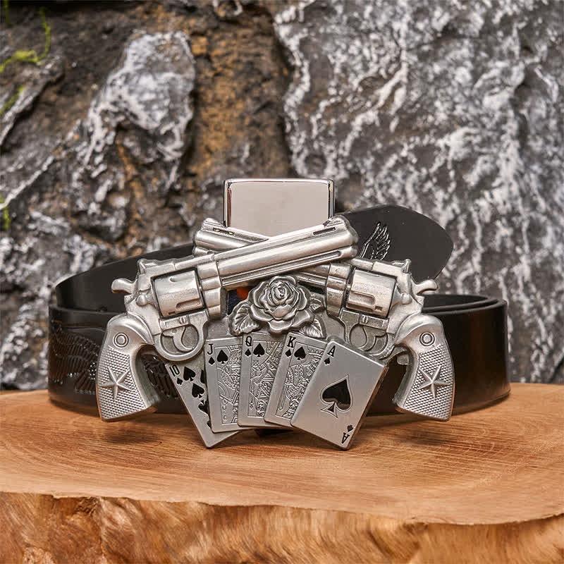 Men's DIY Double Pistol Poker Leather Belt with Hidden Lighter