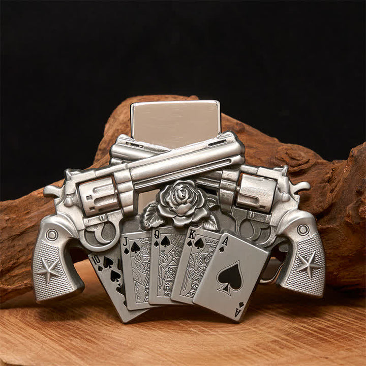 Men's DIY Double Pistol Poker Leather Belt with Hidden Lighter