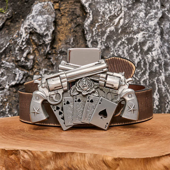 Men's DIY Double Pistol Poker Leather Belt with Hidden Lighter