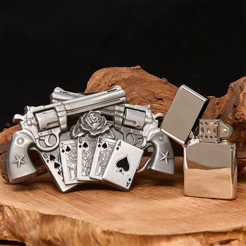Men's DIY Double Pistol Poker Leather Belt with Hidden Lighter