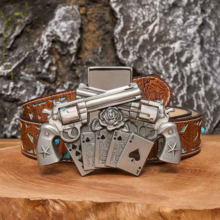 Men's DIY Double Pistol Poker Leather Belt with Hidden Lighter