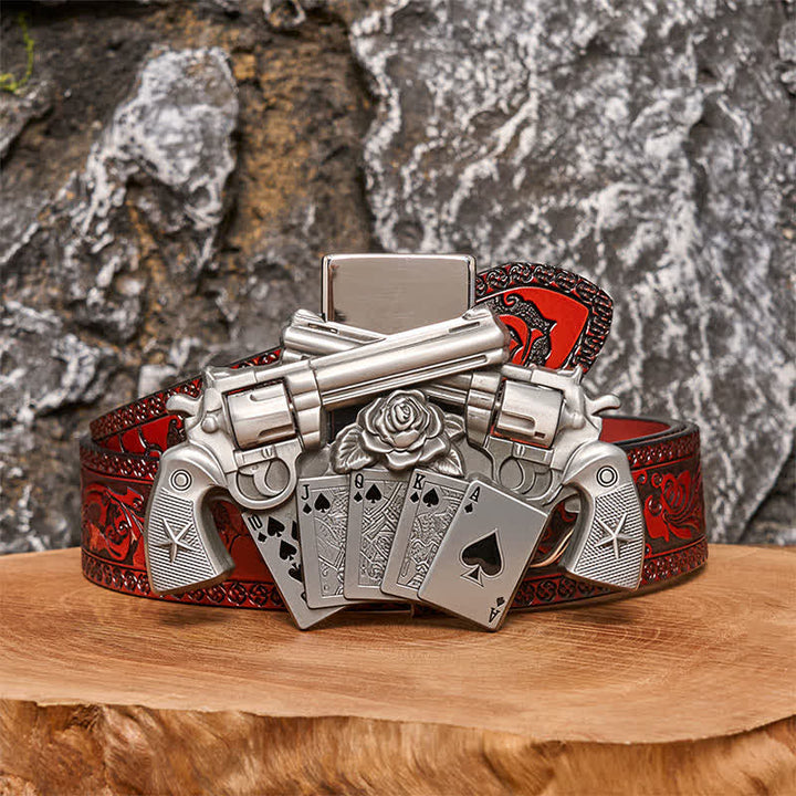 Men's DIY Double Pistol Poker Leather Belt with Hidden Lighter