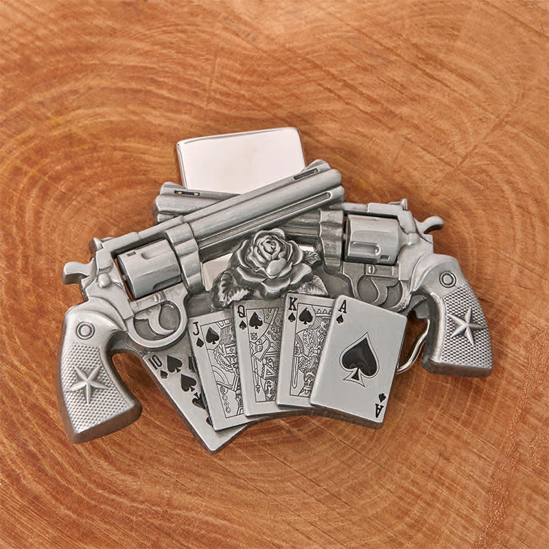 Men's DIY Double Pistol Poker Leather Belt with Hidden Lighter