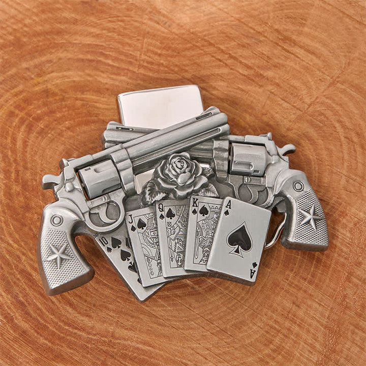 Men's DIY Double Pistol Poker Leather Belt with Hidden Lighter