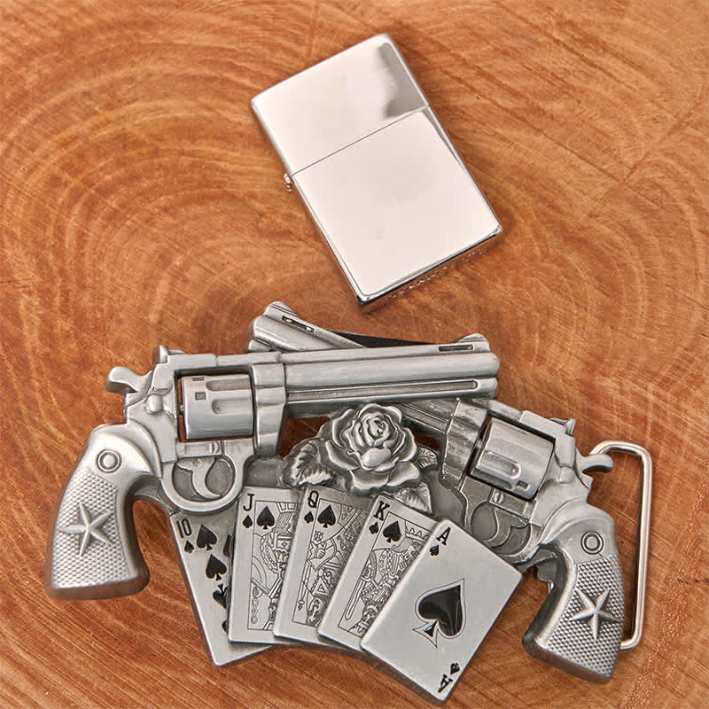 Men's DIY Double Pistol Poker Leather Belt with Hidden Lighter