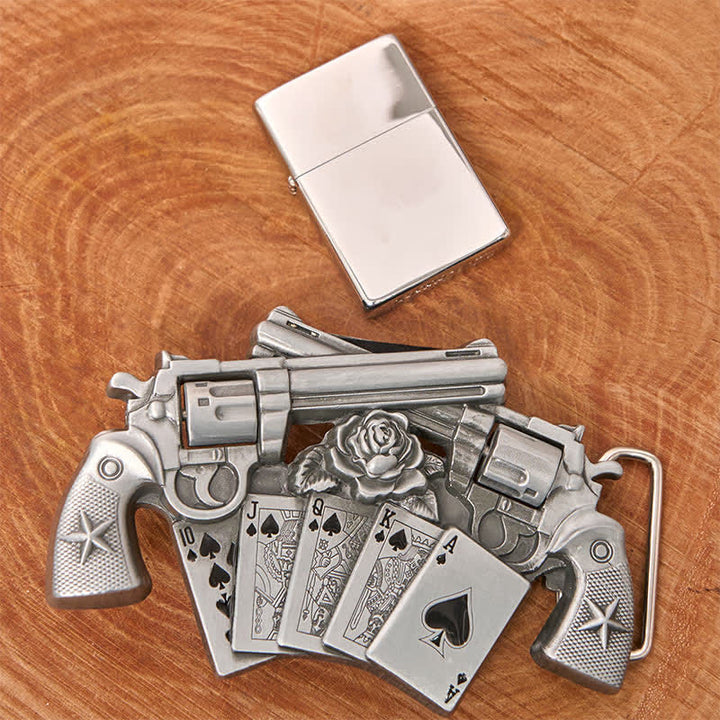 Men's DIY Double Pistol Poker Leather Belt with Hidden Lighter