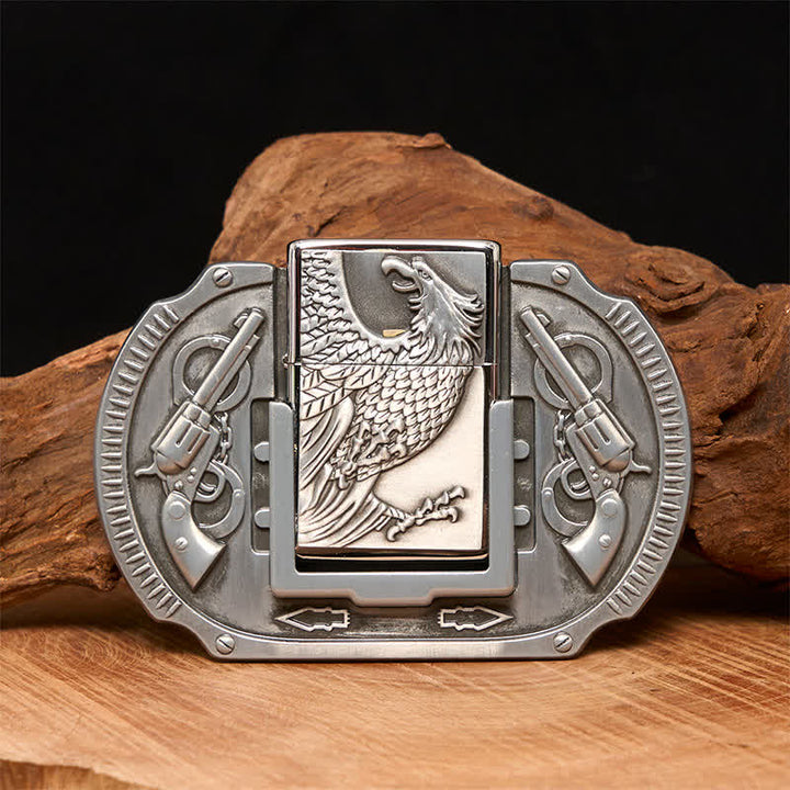 Men's DIY Silver Eagle Guns Leather Belt with Hidden Lighter