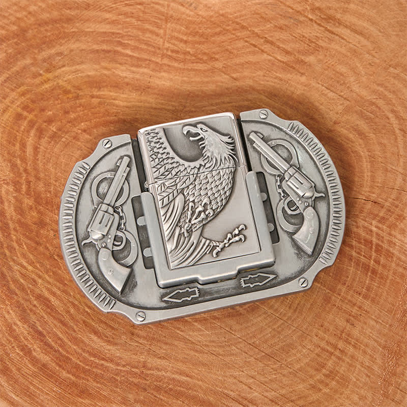 Men's DIY Silver Eagle Guns Leather Belt with Hidden Lighter