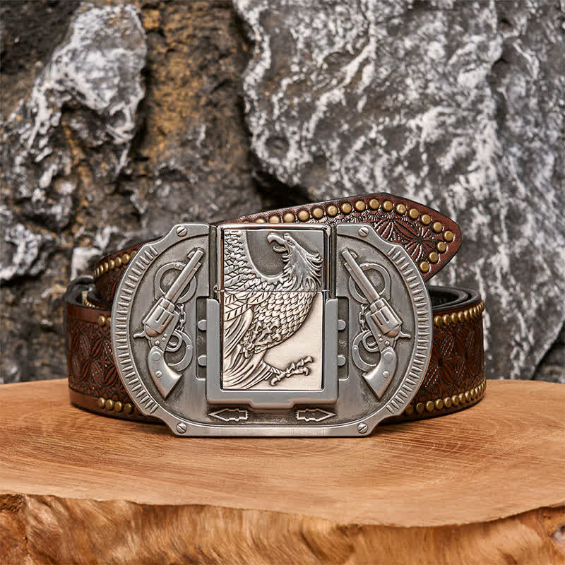 Men's DIY Silver Eagle Guns Leather Belt with Hidden Lighter