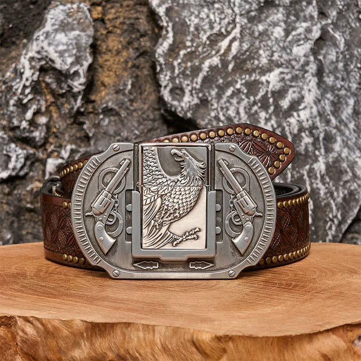 Men's DIY Silver Eagle Guns Leather Belt with Hidden Lighter