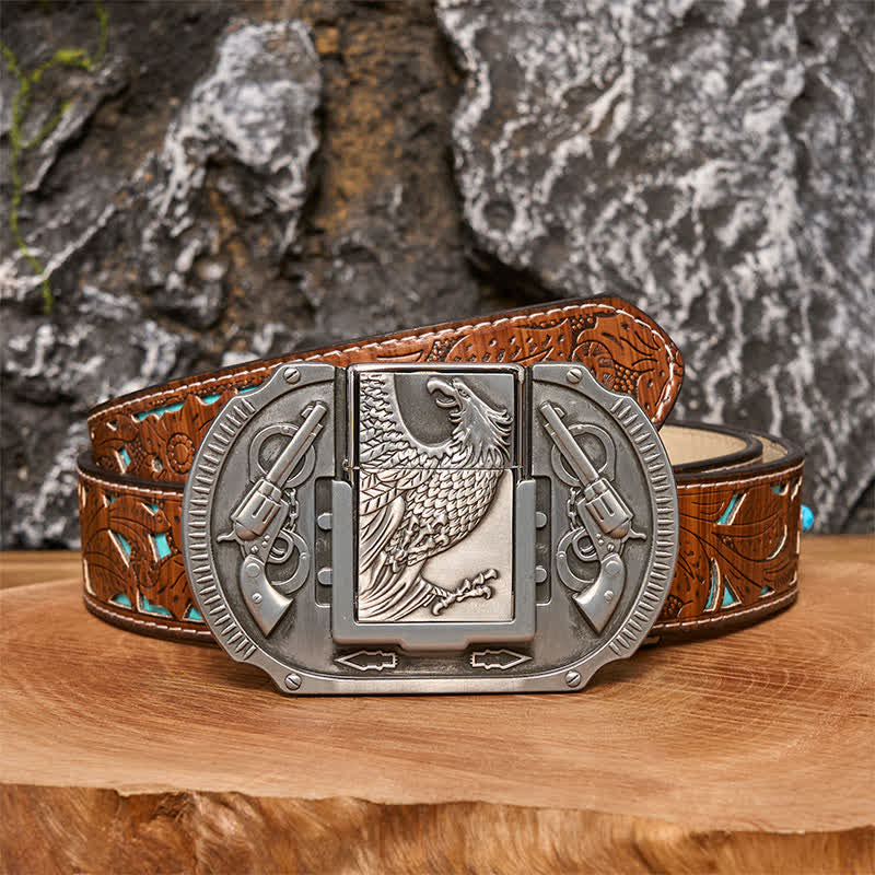Men's DIY Silver Eagle Guns Leather Belt with Hidden Lighter
