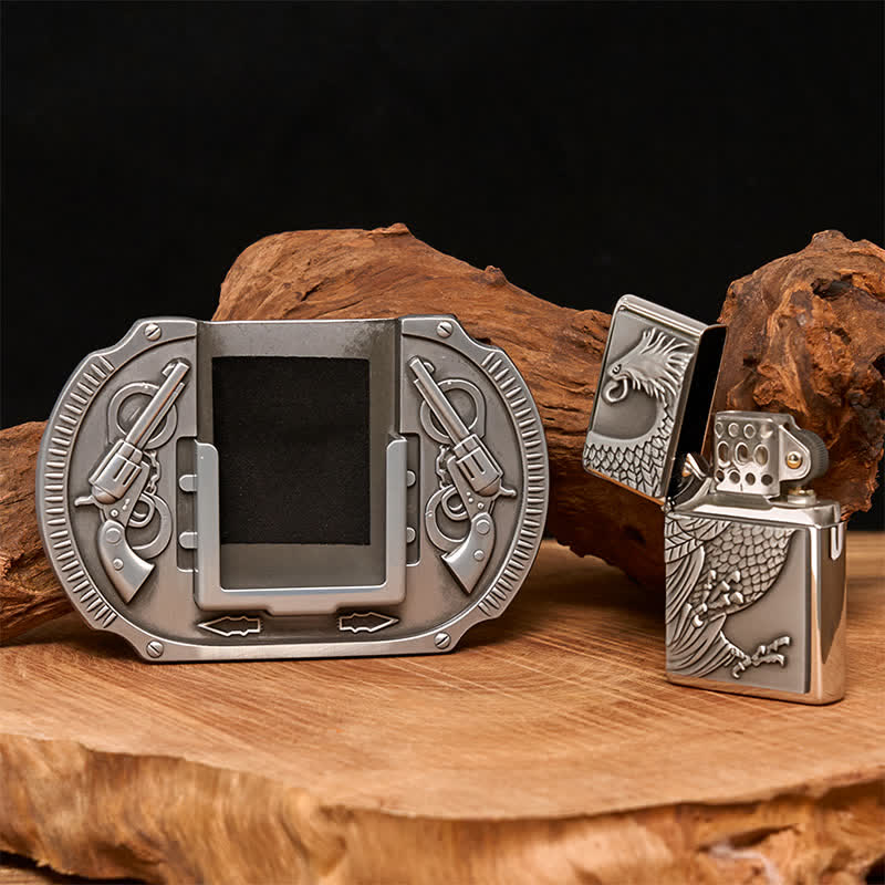 Men's DIY Silver Eagle Guns Leather Belt with Hidden Lighter