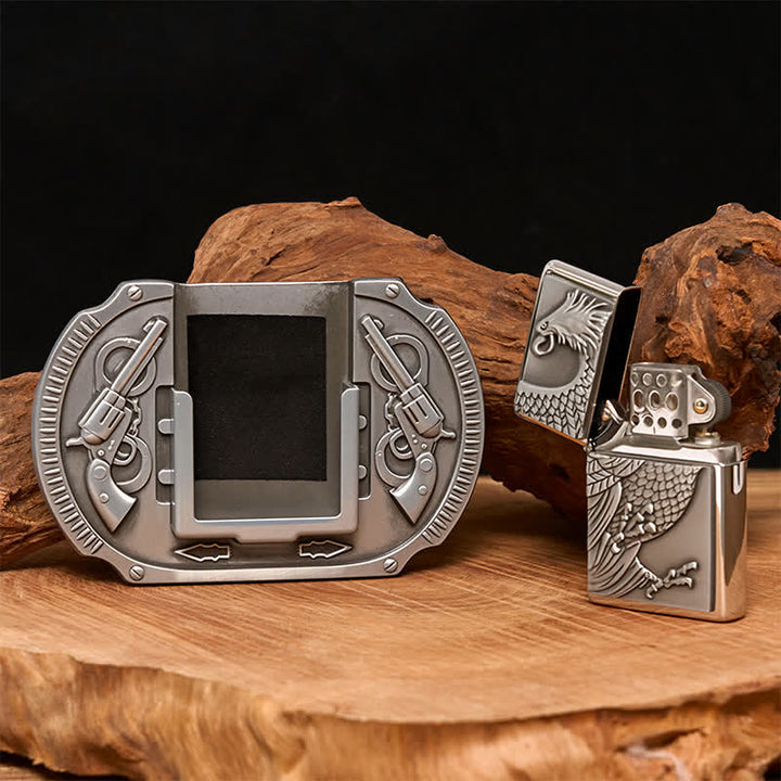 Men's DIY Silver Eagle Guns Leather Belt with Hidden Lighter