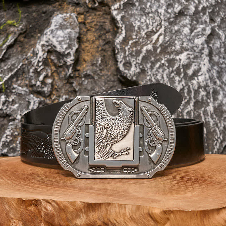 Men's DIY Silver Eagle Guns Leather Belt with Hidden Lighter