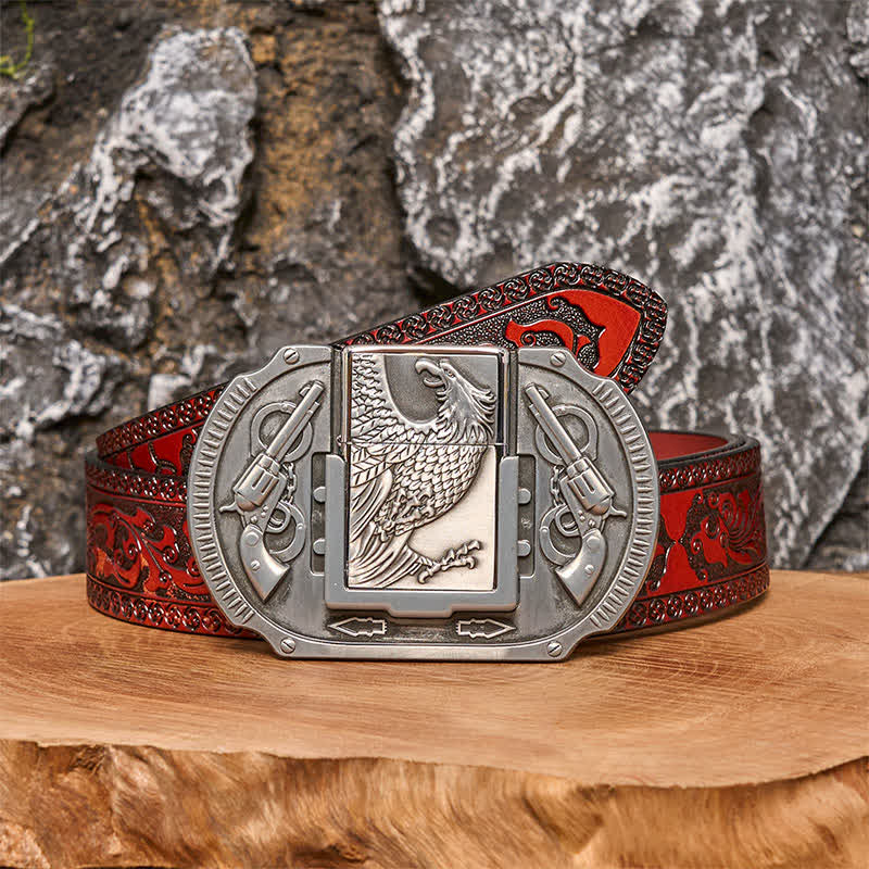 Men's DIY Silver Eagle Guns Leather Belt with Hidden Lighter