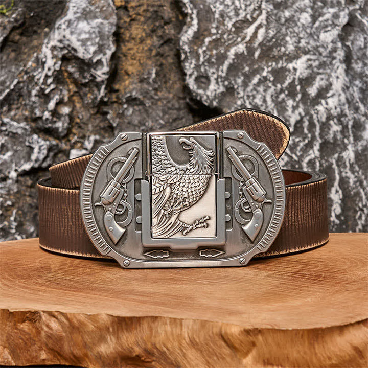 Men's DIY Silver Eagle Guns Leather Belt with Hidden Lighter