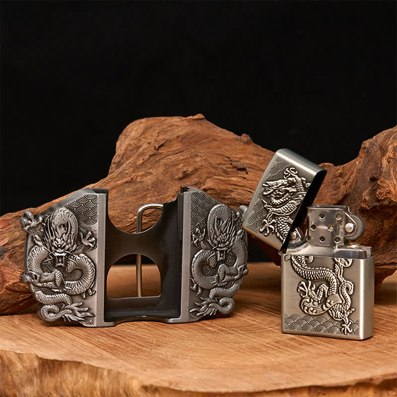 Men's DIY Triple Dragon Leather Belt with Hidden Lighter