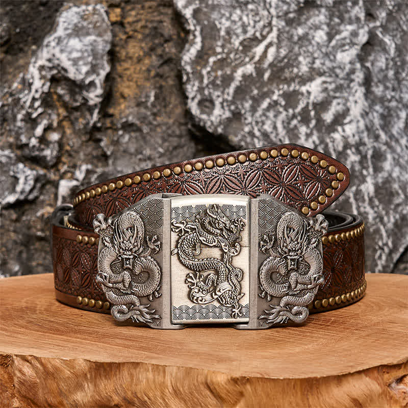 Men's DIY Triple Dragon Leather Belt with Hidden Lighter - Dragon - Brown Rivet Belt - 42 - image 4