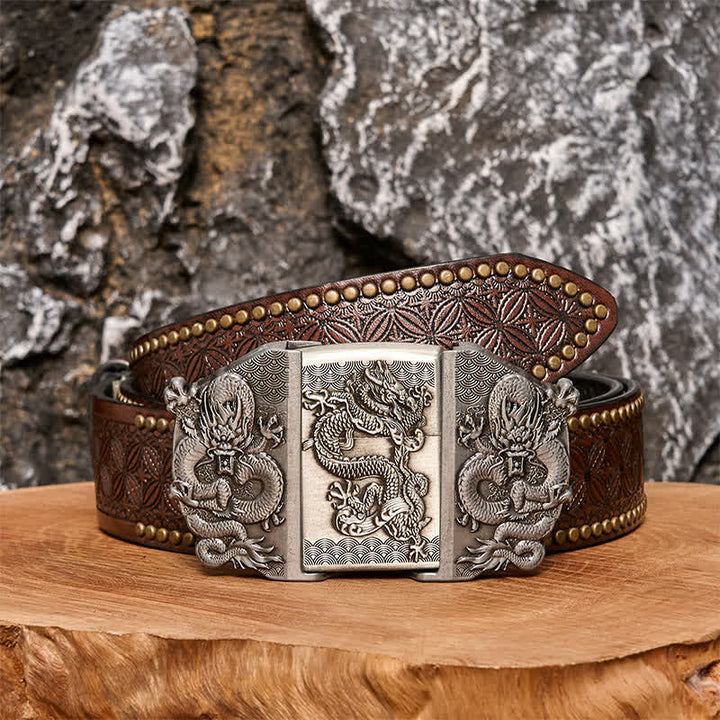 Men's DIY Triple Dragon Leather Belt with Hidden Lighter - Dragon - Brown Rivet Belt - 42 - image 4