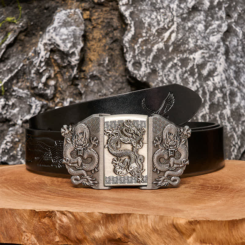 Men's DIY Triple Dragon Leather Belt with Hidden Lighter - Dragon - Black Embossed Eagle Belt - 42 - image 2