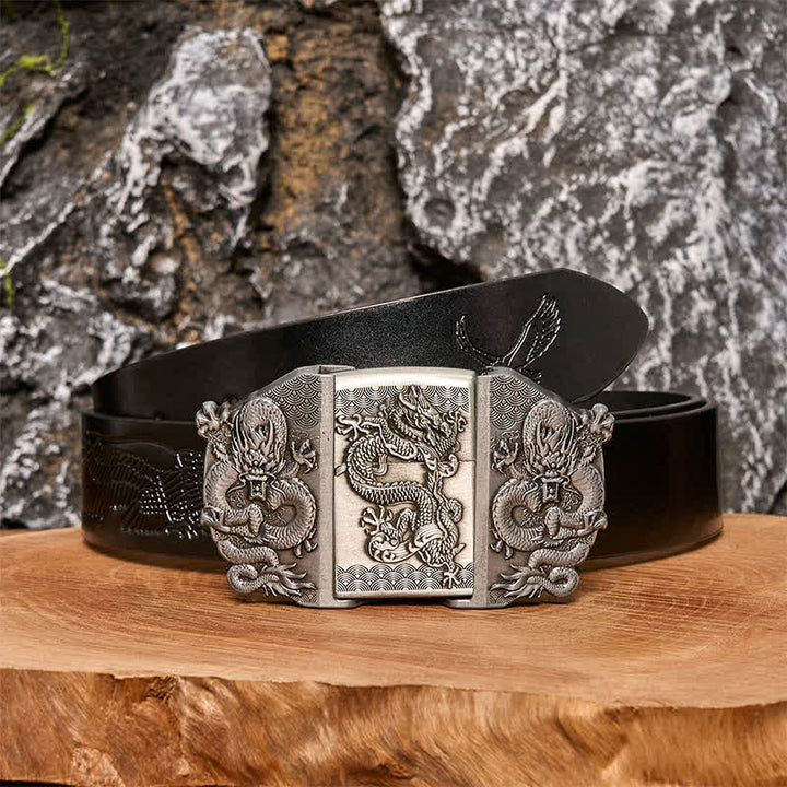 Men's DIY Triple Dragon Leather Belt with Hidden Lighter - Dragon - Black Embossed Eagle Belt - 42 - image 2