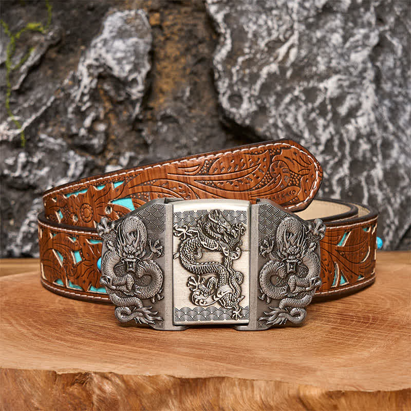 Men's DIY Triple Dragon Leather Belt with Hidden Lighter - Dragon - Turquoise Carved Belt - 42 - image 3