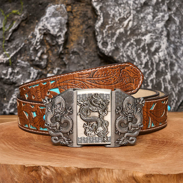 Men's DIY Triple Dragon Leather Belt with Hidden Lighter - Dragon - Turquoise Carved Belt - 42 - image 3
