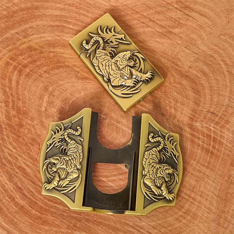 Men's DIY Bronze Triple Tiger Leather Belt with Hidden Lighter