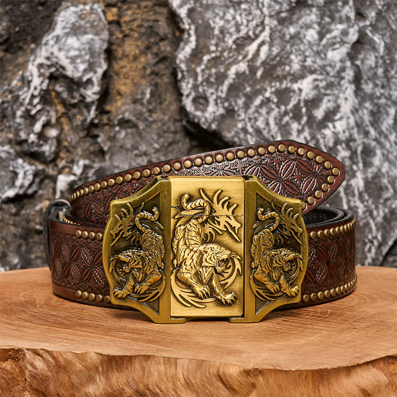 Men's DIY Bronze Triple Tiger Leather Belt with Hidden Lighter