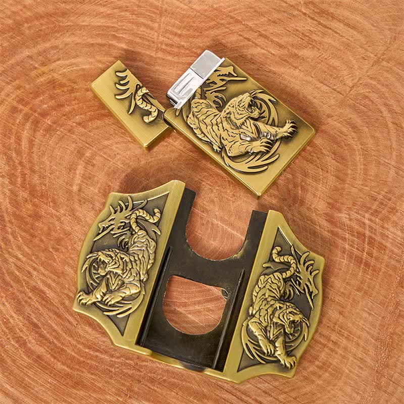 Men's DIY Bronze Triple Tiger Leather Belt with Hidden Lighter