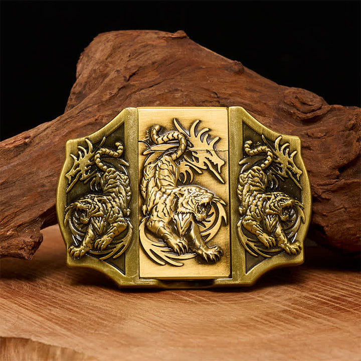 Men's DIY Bronze Triple Tiger Leather Belt with Hidden Lighter