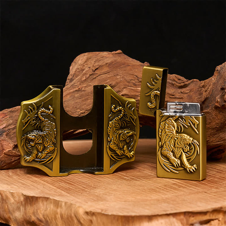 Men's DIY Bronze Triple Tiger Leather Belt with Hidden Lighter