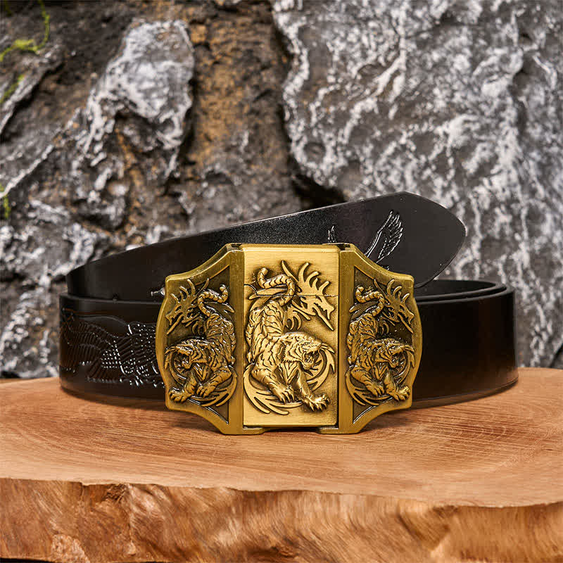 Men's DIY Bronze Triple Tiger Leather Belt with Hidden Lighter - Tiger - Black Embossed Eagle Belt - 42 - image 2