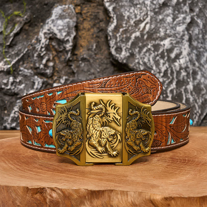 Men's DIY Bronze Triple Tiger Leather Belt with Hidden Lighter - Tiger - Turquoise Carved Belt - 42 - image 3
