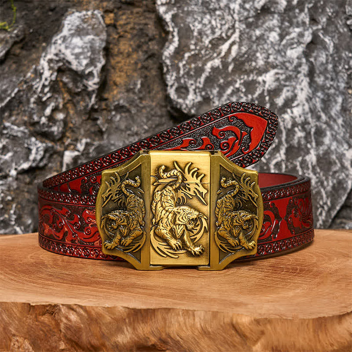 Men's DIY Bronze Triple Tiger Leather Belt with Hidden Lighter
