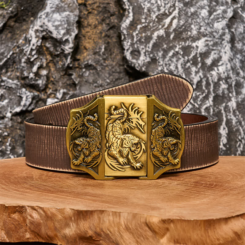 Men's DIY Bronze Triple Tiger Leather Belt with Hidden Lighter