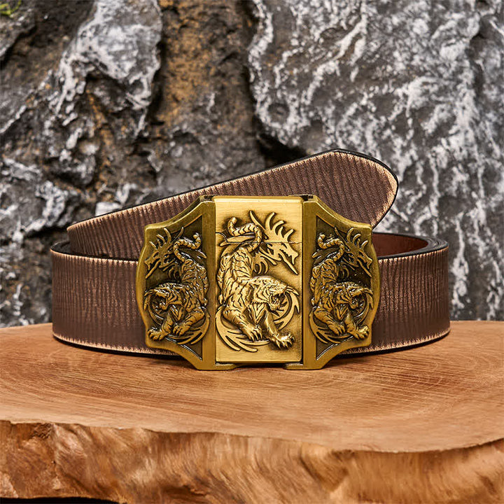 Men's DIY Bronze Triple Tiger Leather Belt with Hidden Lighter