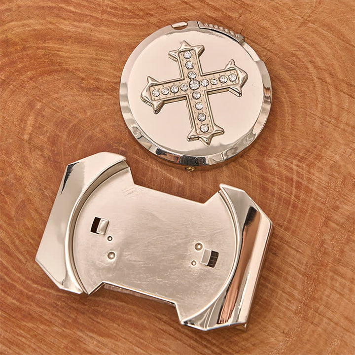 Men's DIY Cross Rhinestone Bronze Leather Belt with Hidden Lighter - image 3