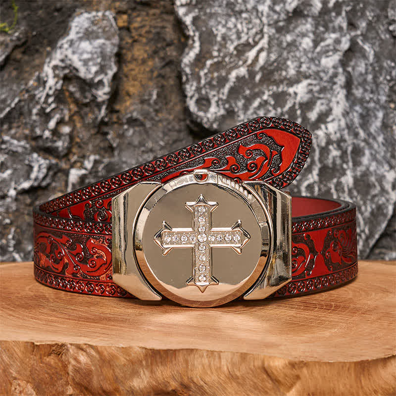 Men's DIY Cross Rhinestone Bronze Leather Belt with Hidden Lighter - Cross - Brown Carved Belt - 42 - image 8