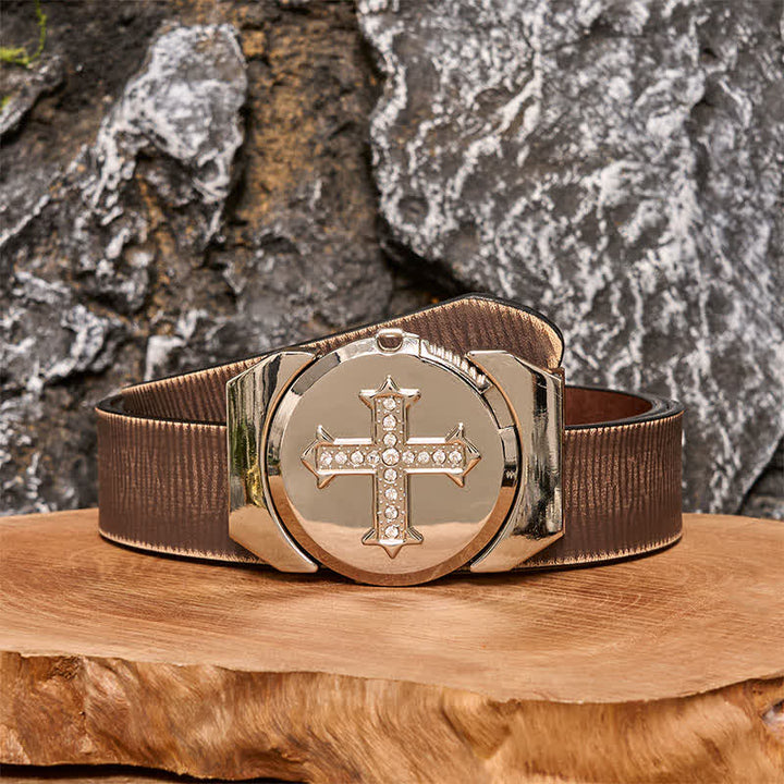 Men's DIY Cross Rhinestone Bronze Leather Belt with Hidden Lighter - Cross - Brown Distressed Belt - 42 - image 7