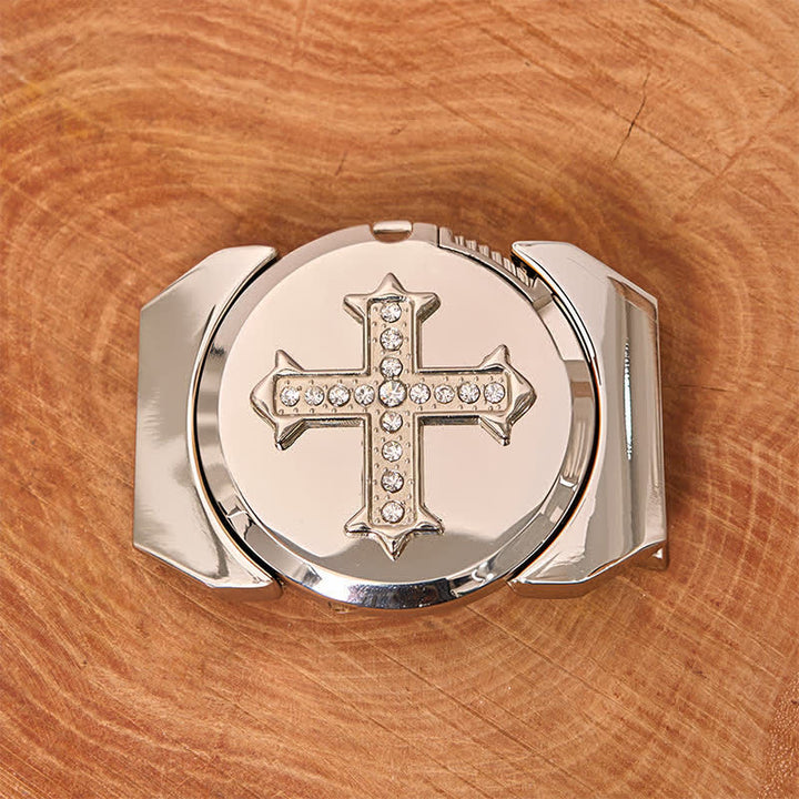 Men's DIY Cross Rhinestone Bronze Leather Belt with Hidden Lighter - image 2
