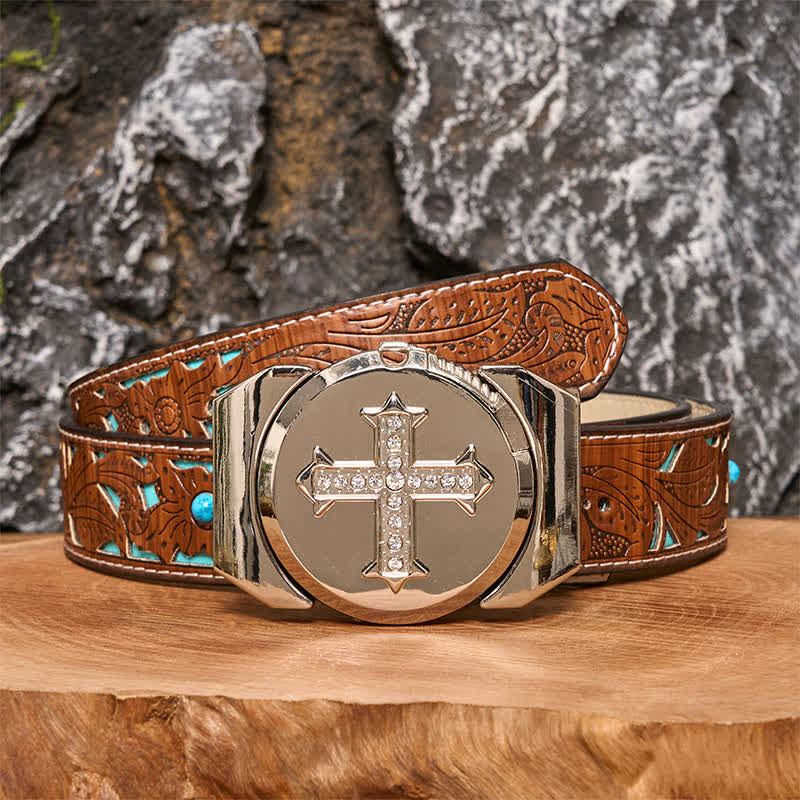 Men's DIY Cross Rhinestone Bronze Leather Belt with Hidden Lighter - Cross - Turquoise Carved Belt - 42 - image 5