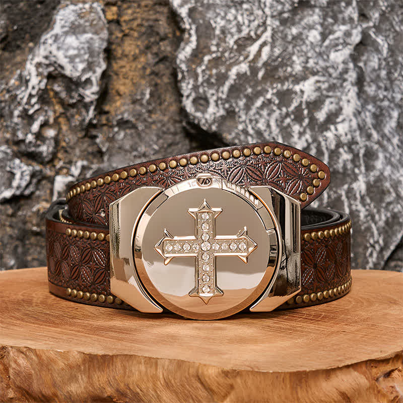 Men's DIY Cross Rhinestone Bronze Leather Belt with Hidden Lighter - Cross - Brown Rivet Belt - 42 - image 6