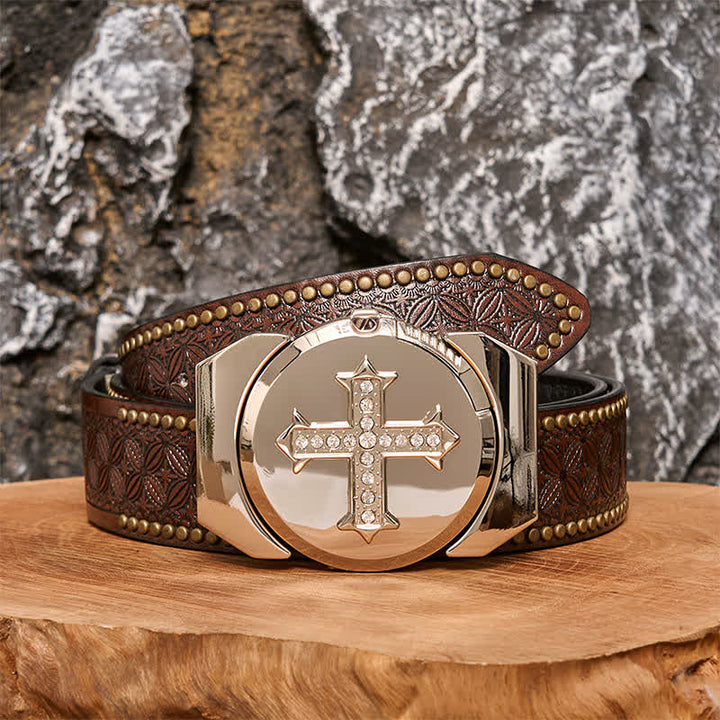 Men's DIY Cross Rhinestone Bronze Leather Belt with Hidden Lighter - Cross - Brown Rivet Belt - 42 - image 6