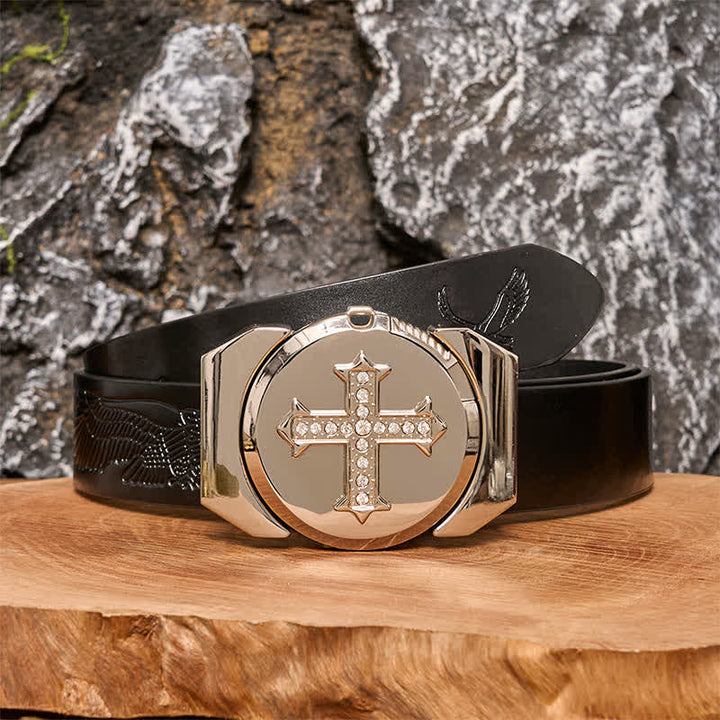Men's DIY Cross Rhinestone Bronze Leather Belt with Hidden Lighter - Cross - Black Embossed Eagle Belt - 42 - image 4