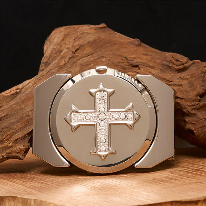 Men's DIY Cross Rhinestone Bronze Leather Belt with Hidden Lighter