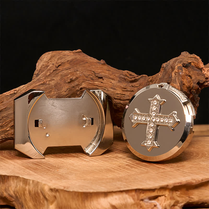 Men's DIY Cross Rhinestone Bronze Leather Belt with Hidden Lighter