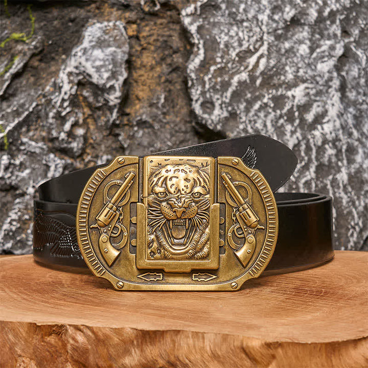 Men's DIY Bronze Tiger Wildlife Leather Belt with Hidden Lighter