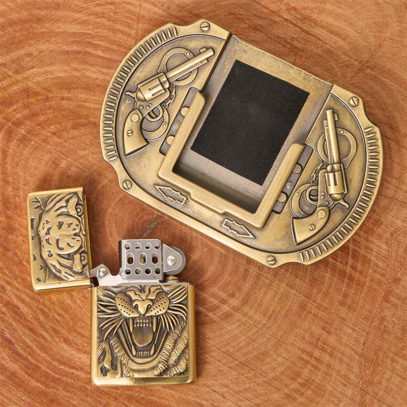Men's DIY Bronze Tiger Wildlife Leather Belt with Hidden Lighter