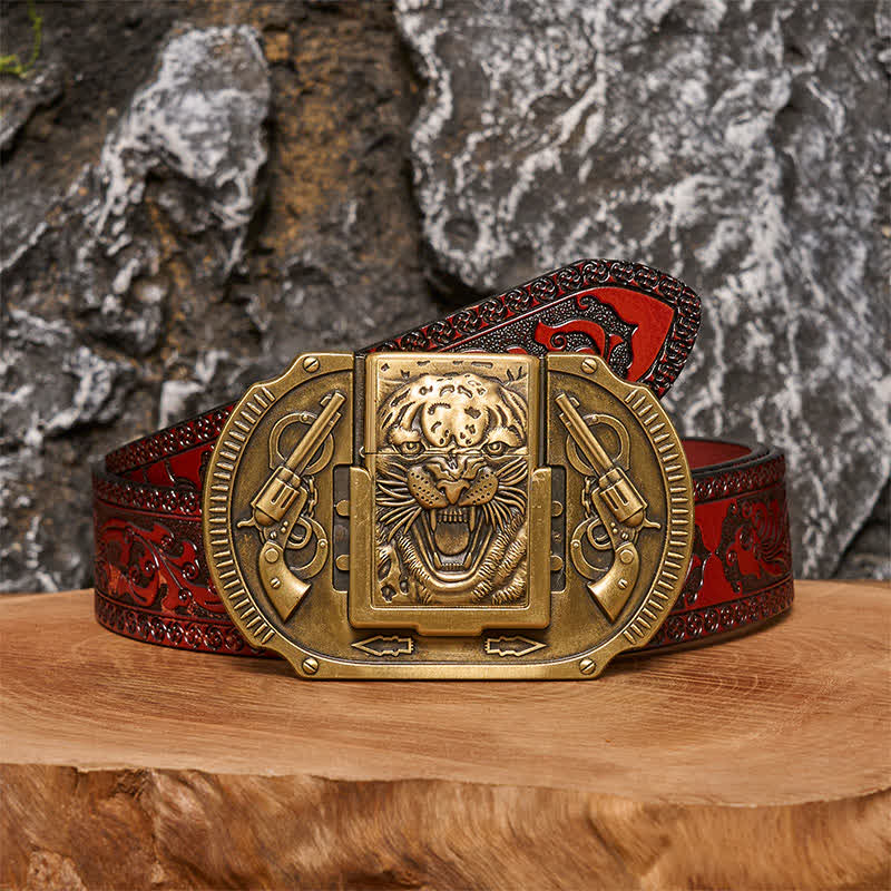 Men's DIY Bronze Tiger Wildlife Leather Belt with Hidden Lighter